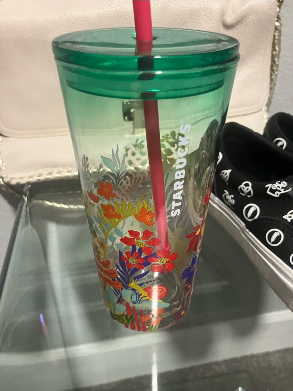 Starbucks Clear Tumbler with Green Lid and Pink Straw
